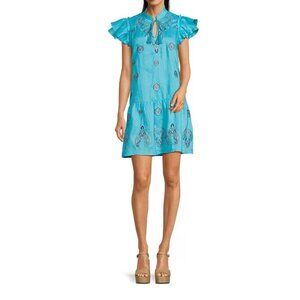 Tyler Boe Aimee Dress Large Blue Linen Embroidered Ruffled V-Neck Tie Back